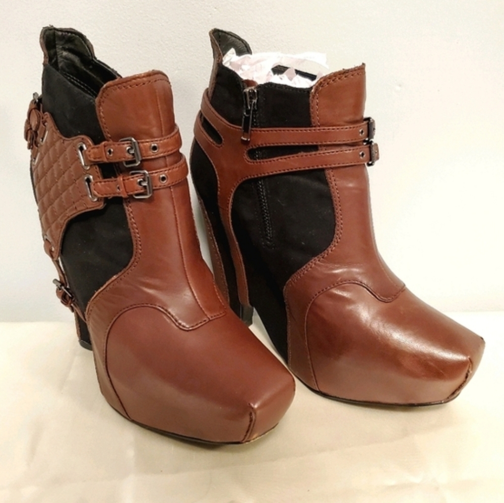 Sam Edelman Brown & Black Buckle Harness Zoe Leather Suede Wedge Ankle Boots sz9 - Picture 7 of 15